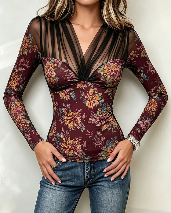 Topp V-Hals Blomstret Casual