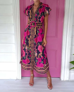 Kjole V-Hals Rose Trykk