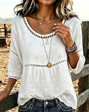 Bluse Rundhalset Hollow Out Solid
