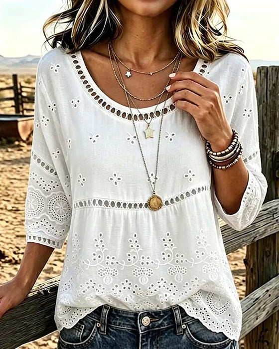 Bluse Rundhalset Hollow Out Solid