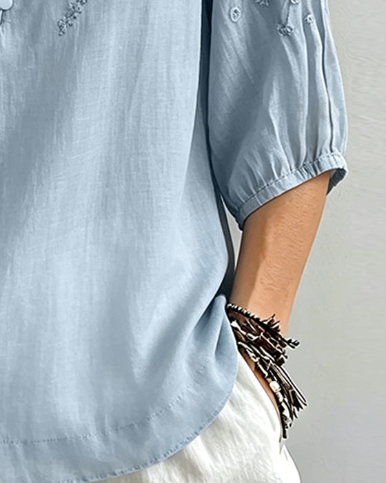 Bluse Broderi 3/4-Erm Ensfarget