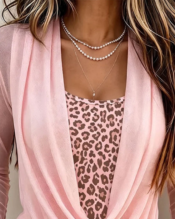 Bluse Høyhals Leopardtrykk Langermet