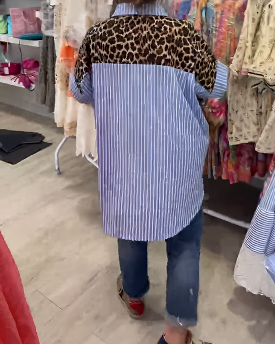 Stripet Revers Leopardmønster Skjorte
