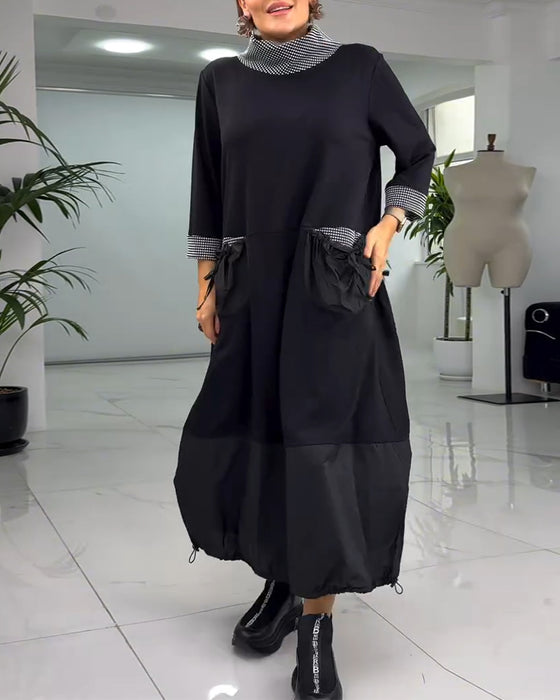 Uformelt rutete patchwork-lommekjole med høy krage