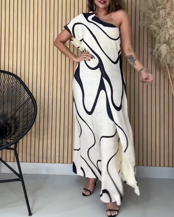 Kjole Rysj Off-Shoulder Geometrisk Trykk Mote