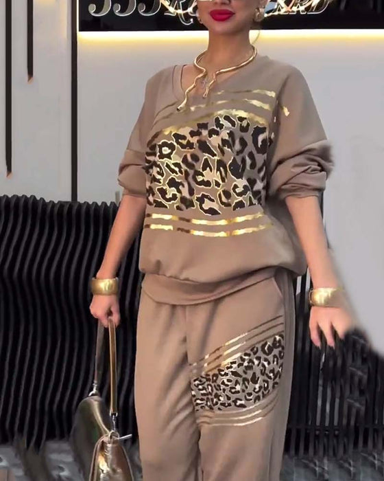 Sett Leopardmønster Avslappet Sweatshirt