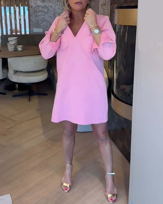 Kjole Ensfarget Lang Erm V-hals