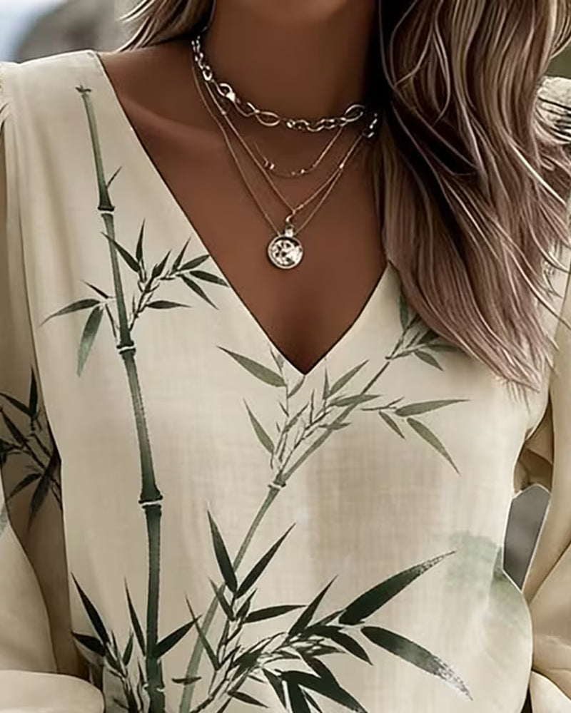 Bluse Tåke Blekkstil Bambustrykk V-Utringning Puffermer