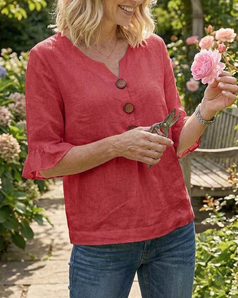 Bluser Ensfarget Bomull-Lin Treknapper Rysjer