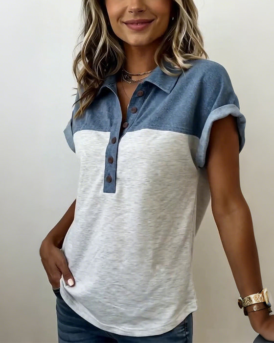 T-Skjorte Knappet Patchwork Nedbrettet Krage