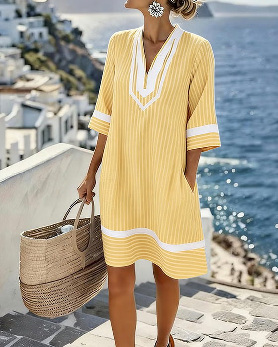 Kjole V-Hals Kort Erme Stripet