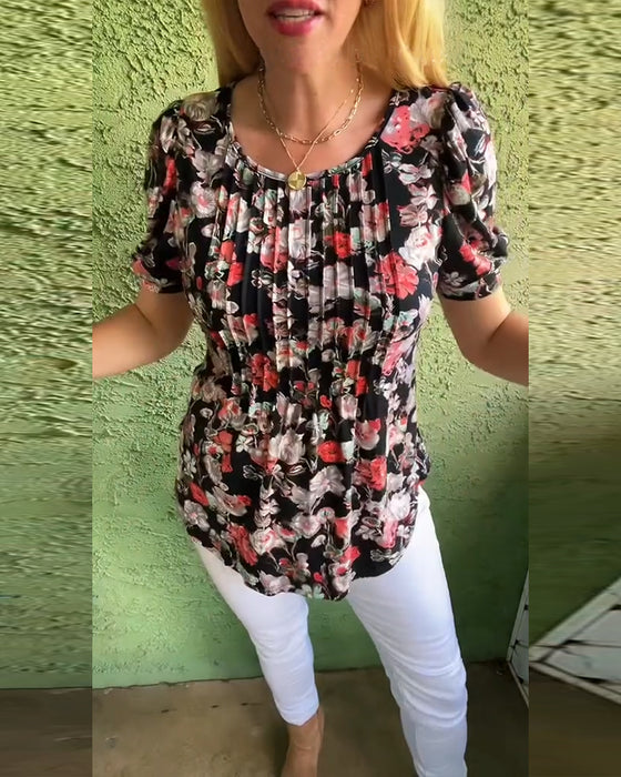 Bluse Rund hals Bufset erme Plissert Blomstret