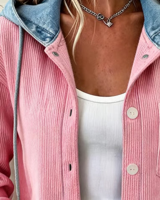 Frakk Hetta Ribbestrikket Denim Lappeteppe Kneppet