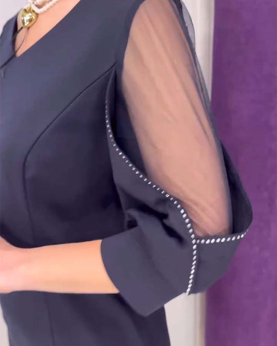 Kjole Halværmet V-hals Rhinestone Sømsøm