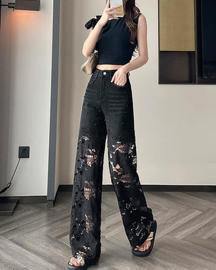 Jeans Dame Rhinestone Utklipp Bred Bein