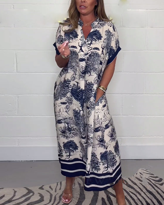 V-hals lommekjole med dyreprint