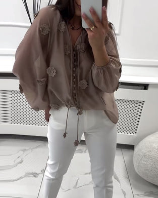 Bluse Ensfarget 3D-Blomster Snøring