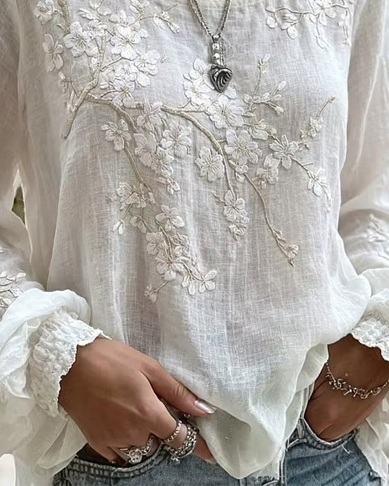 Bluse Teksturert Kirsebærblomst Brodert Rundhalset