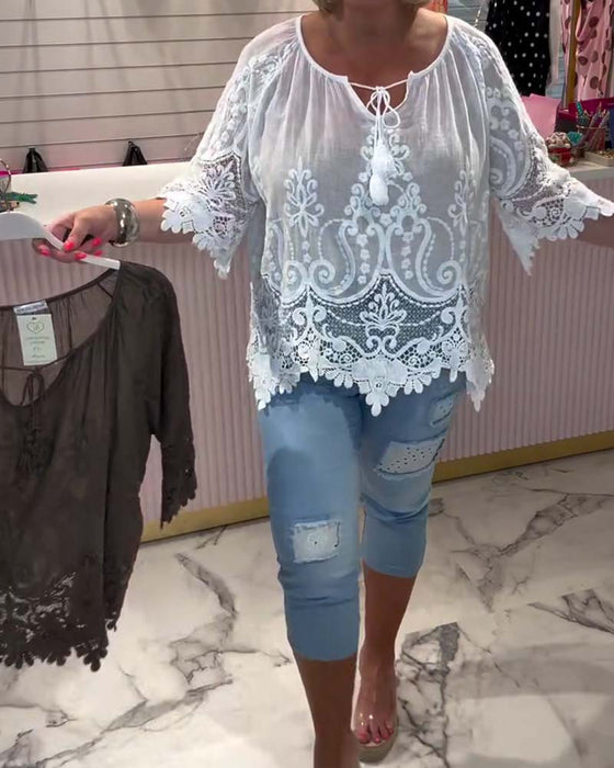 Bluse Snøring Gjennomsiktig Blonde Lappeteppe