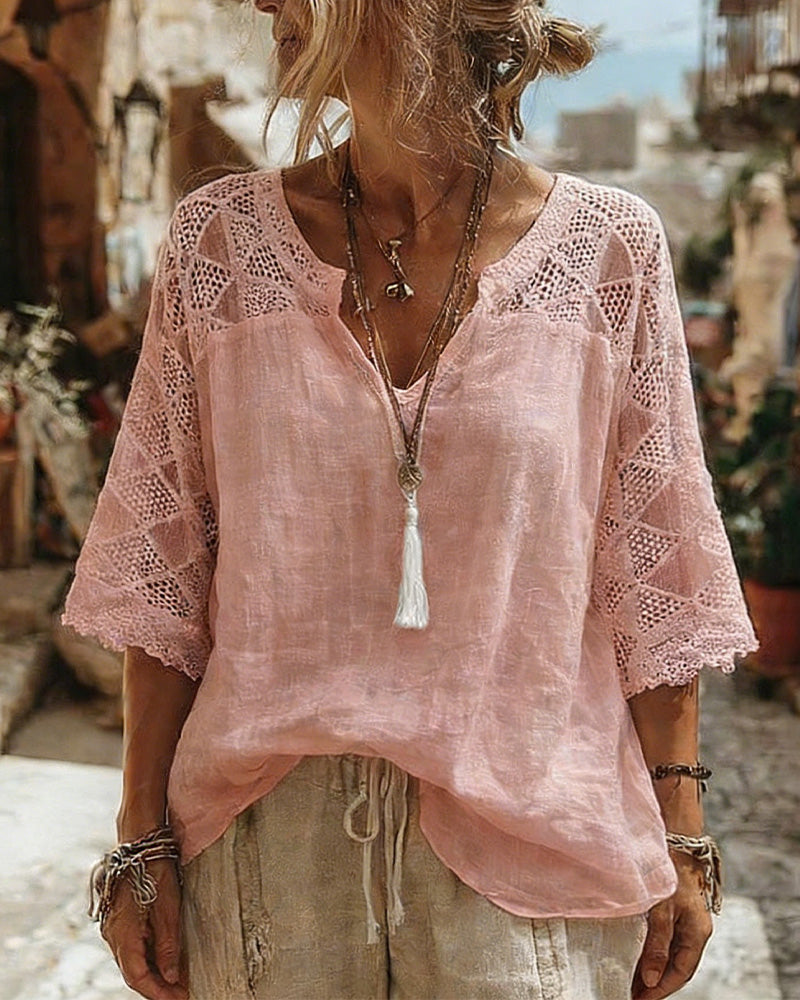 Bluse Ensfarget Panel V-Hals