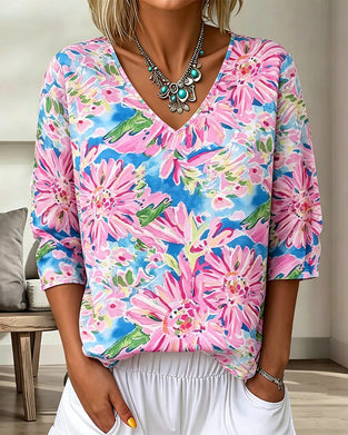 Bluse Blomstret V-Hals Halv Erme