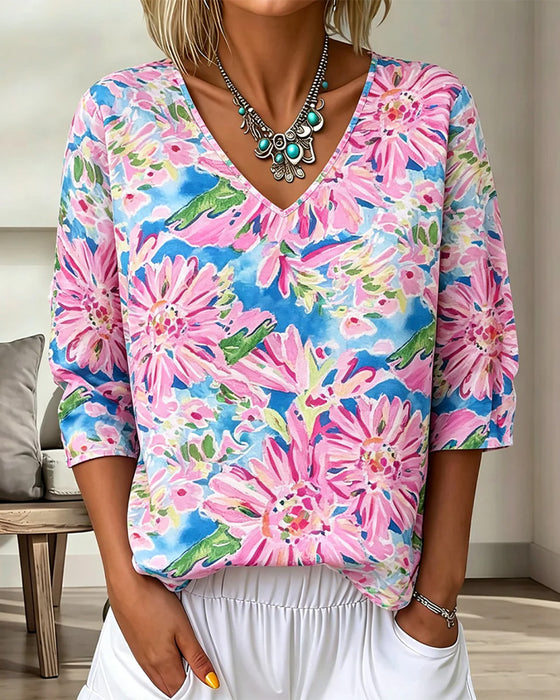 Bluse Blomstret V-Hals Halv Erme