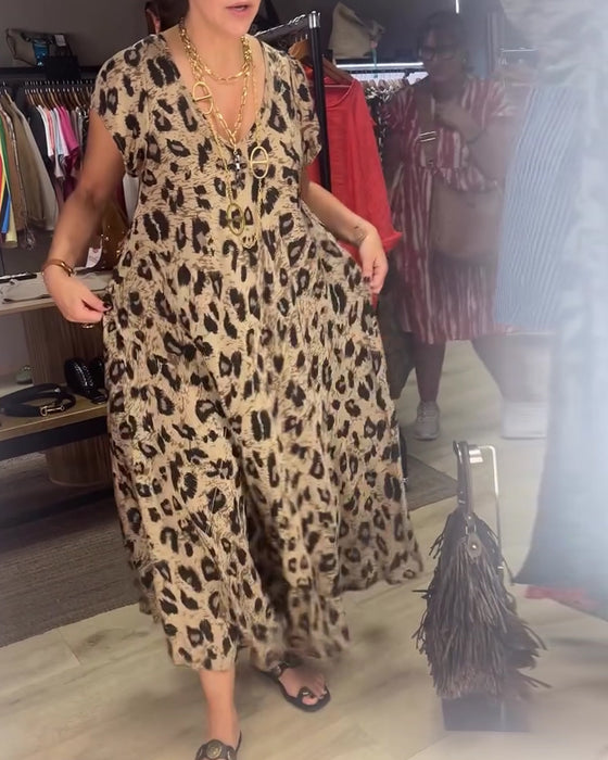 Kjole V-Hals Leopard Full Skjørt