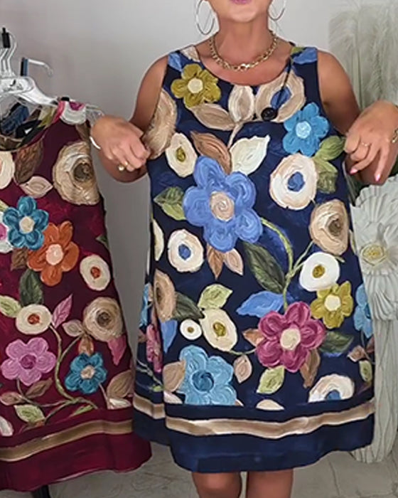Kjole Oljemaling Blomstret Ermeløs Rett