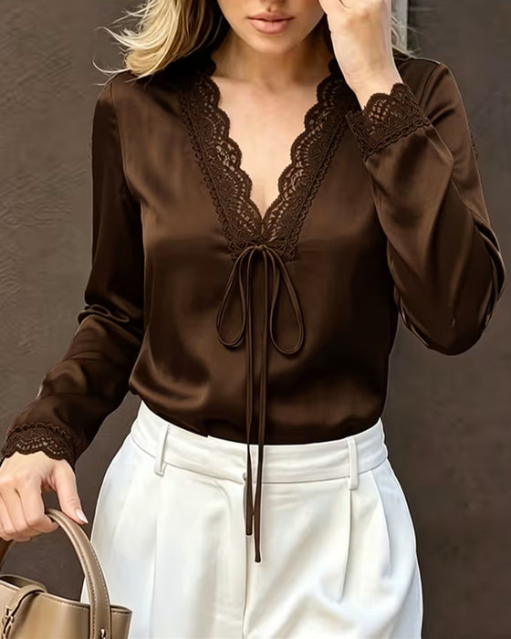 Bluse Lang Erme V-Hals Blonder Patchwork