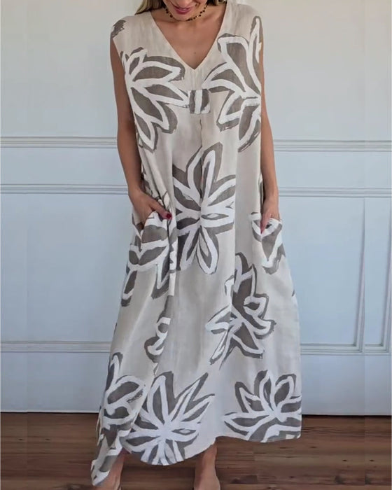 Kjole V-Hals Abstrakt Blomstret Ermeløs