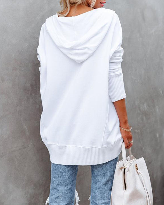 Sweatshirt casual v-hals hette ensfarget løs