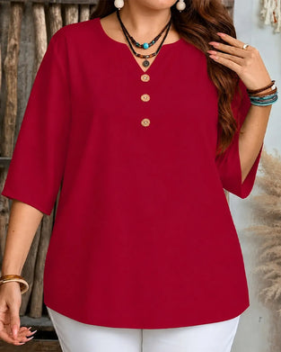 Bluse V-Hals Knapp Solid Tre Kvarter Erme