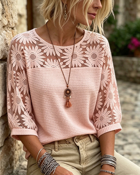 T-Skjorte Rund Hals Blonde Vaffel Patchwork