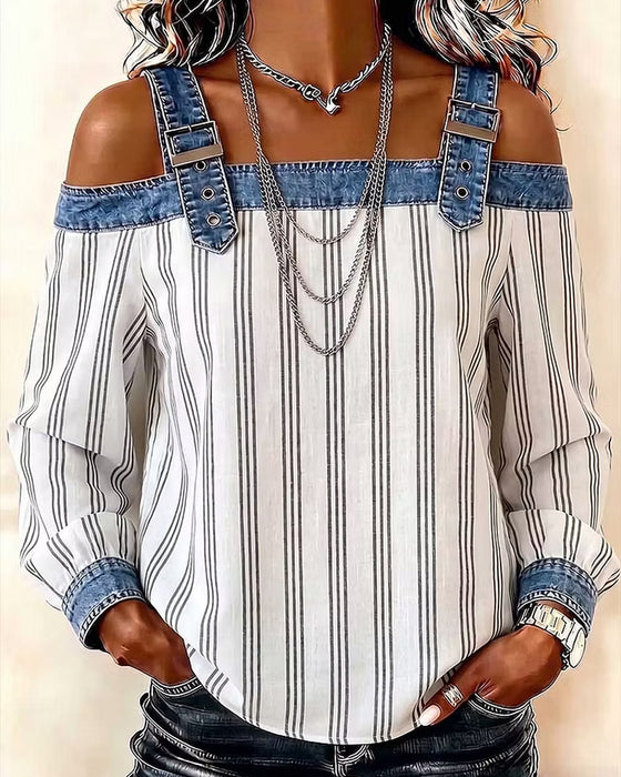 Bluse Denim Off-Skulder Stripe Panel