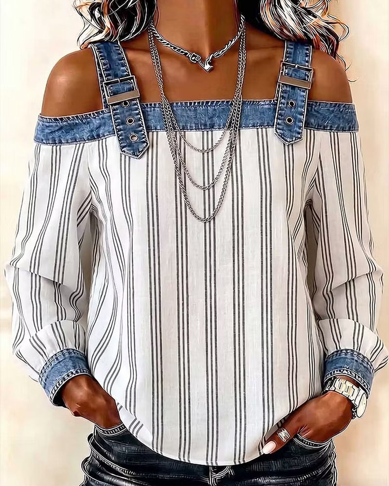 Bluse Denim Off-Skulder Stripe Panel