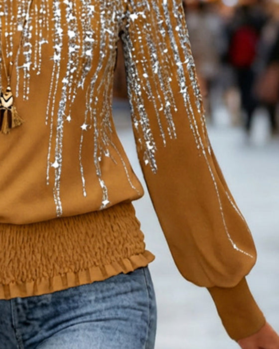 Stilfull Trykt Langermet Topp Med Rund Hals