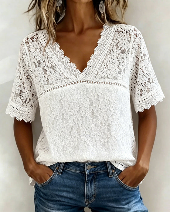 Ensfarget Bluse Kortermet Med Blonder