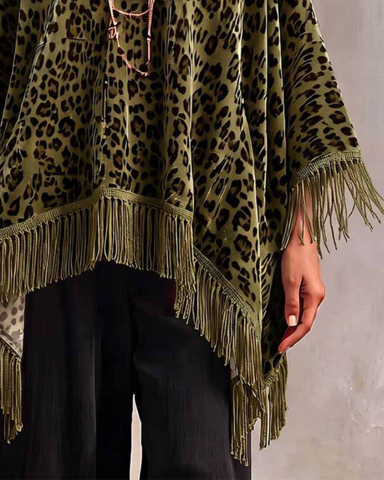 Bluse Flaggermuserm Frynser Leopardtrykk Løs Fløyel