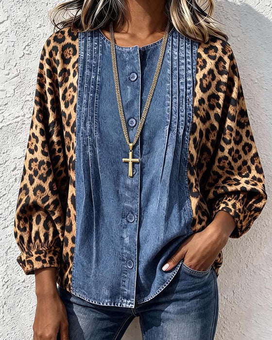 Bluse Rund Hals Knapp Leopard Denim Patchwork
