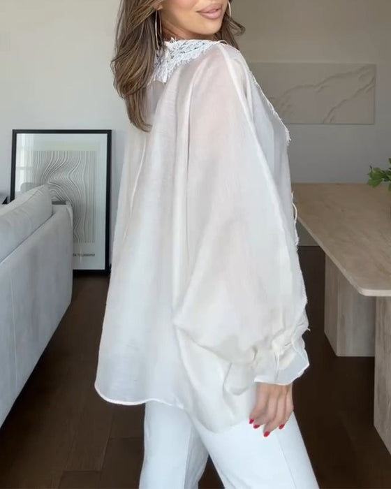 Bluse V-Hals Blonde Panel Ruffle
