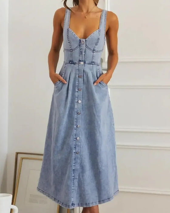 Kjole Spaghetti Stropp Knapp Midje Innsnørt Denim