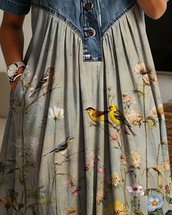 Kjole Skjortekrage Blomstret Denim Patchwork