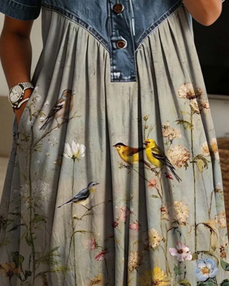 Kjole Skjortekrage Blomstret Denim Patchwork