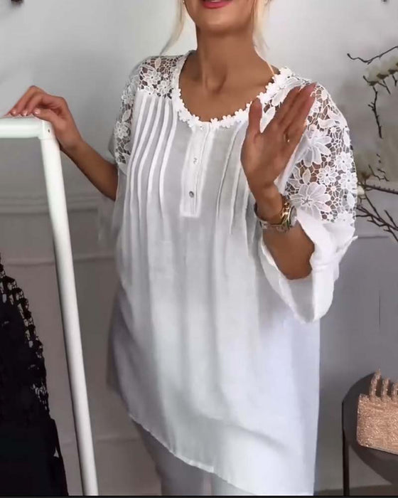 Bluse Rund Hals Blonder Lappeteppe Blomster