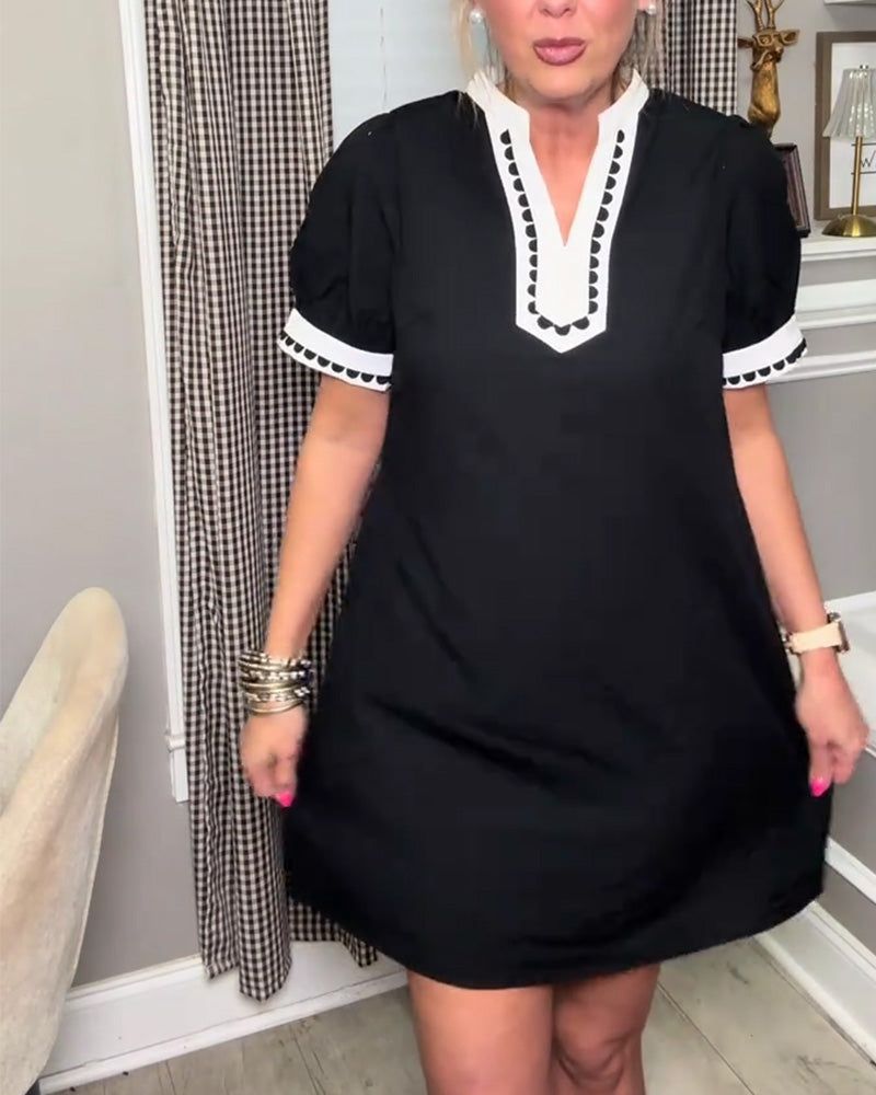 Kjole Boble Erme Fargeblokk V-Hals