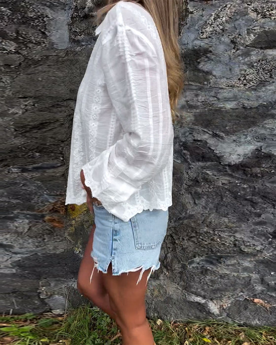 Skjorte Brodert Hulldesign Polo Krage Uformell