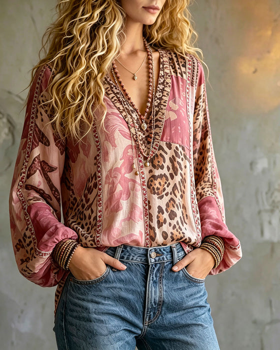 Bluse V-Hals Leopardsmønster Fargeblokk Lykterme