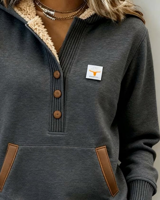 Färgblockerad Stilren Huvtröja Med Krage Och Knäppning