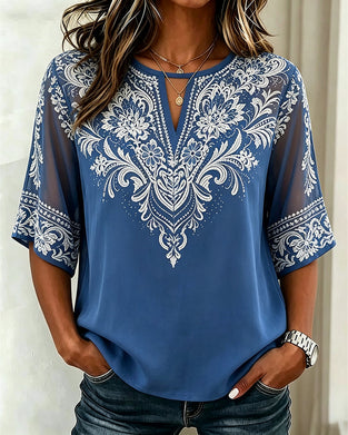 Bluse V-Hals Sheer Etnisk Trykk