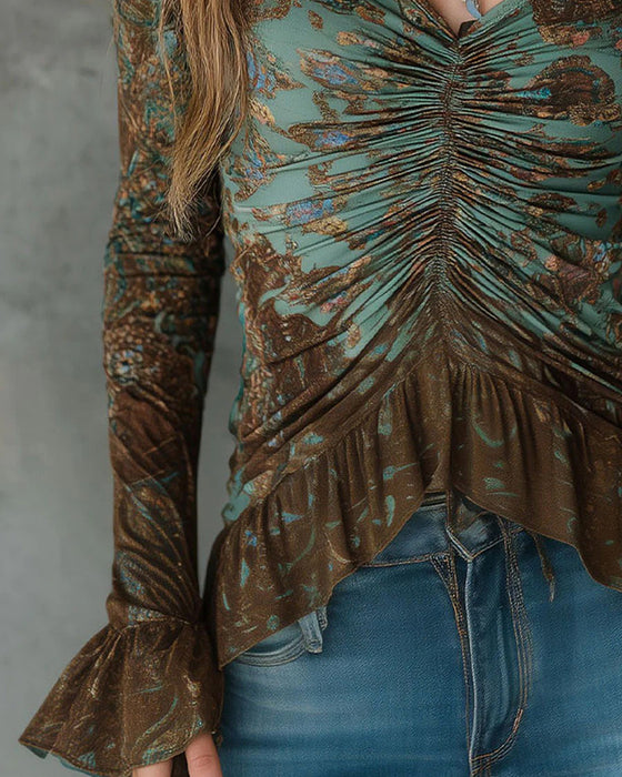 Bluse Samlet Rysj V-Hals Langermet